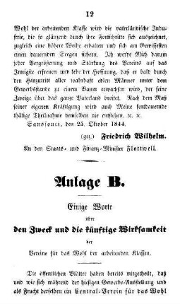 Anlage B. Einige Worte über den Zweck und die künftige Wirksamkeit der Vereine für das Wohl der arbeitenden Klassen