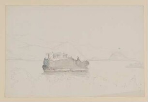 See vor Bergen, darin eine Insel mit Schloss [lose einliegendes Blatt aus Maximiliane von Arnims Skizzenbuch mit Motiven aus Wiepersdorf und Rügen]