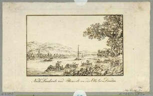 Das Elbtal in Richtung Dresden-Loschwitz vom linken Elbufer in Dresden-Blasewitz aus, Blick nach Südosten, rechts der Ausflugsgasthof Schillergarten, links die Loschwitzer Kirche
