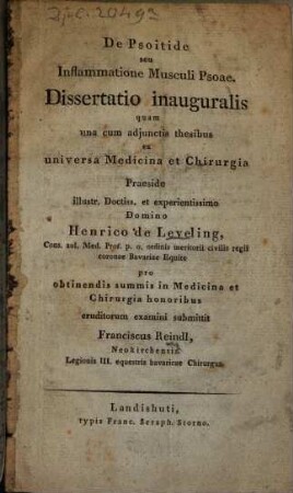 De psoitide, seu inflammatione musculi psoae : diss. inaug., unacum adiectis thesibus