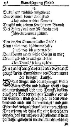 Im zwölften Capittel wird Danck gesagt für die Empfahung des Sacraments der heiligen Tauffe.