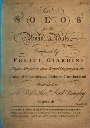 Six solos for the violin and a bass : opera 16