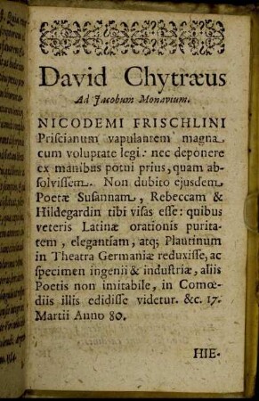 David Chytræus Ad Jacobum Monavium.