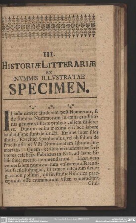 III. Historiae Litterariae Ex Nummis Illustratae Specimen