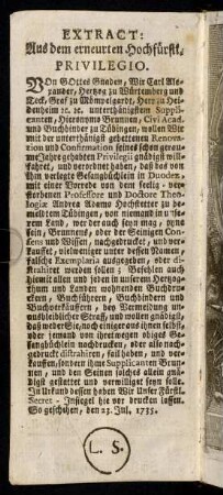 1v, Extract: Aus dem erneurten hochfürstl. Privilegio