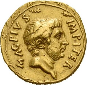 Beckersche Fälschung eines Aureus des Sextus Pompeius mit Darstellung des Cn. Pompeius Magnus und des Cn. Pompeius Cn. Filius
