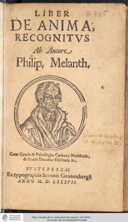 Liber de anima / recognitus ab Autore Philippus Melanthon