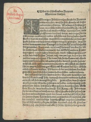 Wider die stürmmenden Bawren Martinus Luther.