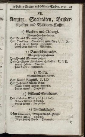 VII. Aemter, Societäten, Brüderschaften und Wittwen-Cassen.
