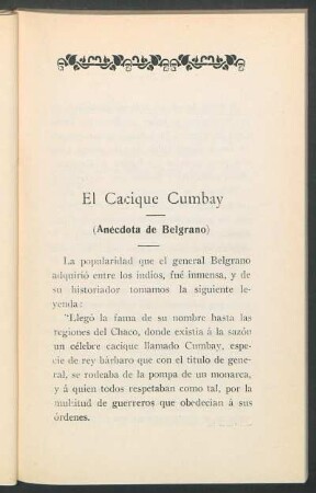 El cacique Cumbay : (Anécdota de Belgrano)