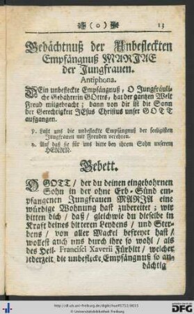 Gedächtnuß der Unbefleckten Empfängnuß Mariae der Jungfrauen.