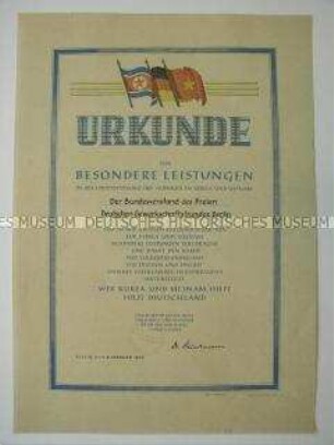 Urkunde "Für besondere Leistungen in der Unterstützung des Aufbaues in Korea und Vietnam"