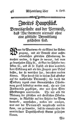 Zweites Hauptstück. Beweisgründe aus der Vernunft, daß Wunderwerke niemals ohne eine göttliche Vermittlung geschehen sind.