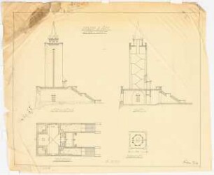 Aussichtsturm: Seitenansicht, Schnitt, Grundrisse EG und Turmstube 1:150