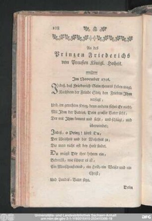 An des Prinzen Friederichs von Preußen Königl. Hoheit.