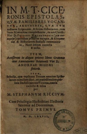 In M. T. Ciceronis epistolas, quae familiares vocantur, argumenta .... 1