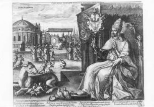Thronender Papst mit Vogelpaar, auf einem Schlangenpaaar sitzend, sowie mit Romulus und Remos, von der Wölfin gesäugt : Vorlage für die Silbereinlage des Jagd- und Arbeitstisches von 1636. Pontificia sedes, quae Romanae successit monarchiae. Sanctissimus (Thronender Papst mit Vogelpaar, auf einem Schlangenpaaar sitzend, sowie mit Romulus und Remos, von der Wölfin gesäugt). Kupferstich (vor 1636)