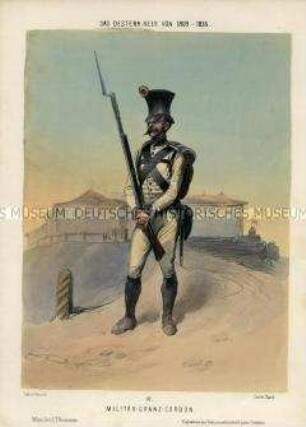 Uniformdarstellung, Infanterist der Grenzbefestigung, Österreich, 1809/1835. Tafel 87 aus: Gerasch: Das Oesterreichische Heer.