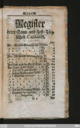 Register derer Sonn- und Fest-Täglichen Cantaten.
