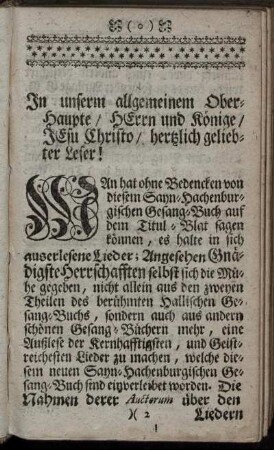 In unserm allgemeinen Oberhaupte/ Herrn und Könige/ Jesu Christo/ hertzlich geliebter Leser!