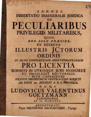 Diss. inaug. iur. de peculiaribus privilegiis militaribus