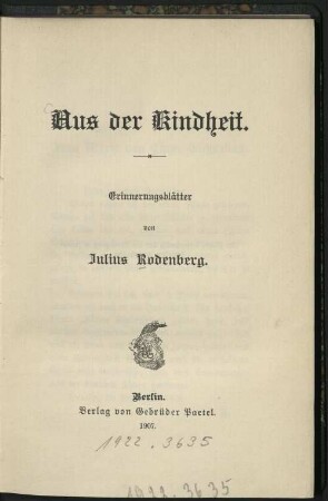 Aus der Kindheit : Erinnerungsblätter