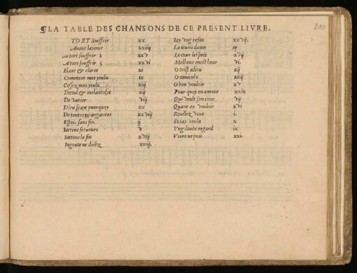 La table des chansons de ce present livre