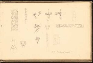 Skizzenbuch 1900-1901: Frauenkirche in Grimma, Details des Außenbaus: Krabben, Fialen, Pfeiler, Ornamente, Grabmale, Ansichten, Schnitte