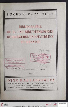 Nr. 428: Bücher-Katalog: Bibliographie, Buch- und Bibliothekswesen, Buchgewerbe und Buchdruck, Buchhandel (Katalog-Nr. 428)