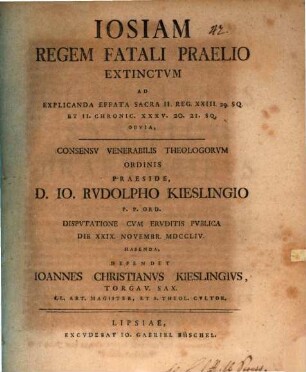 Iosiam Regem Fatali Praelio Extinctvm : ad explicanda effata sacra II.Reg. XXIII.29 ...
