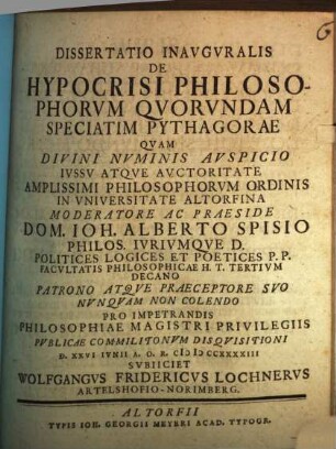 Dissertatio inauguralis De hypocrisi philosophorum quorundam, speciatim Pythagorae