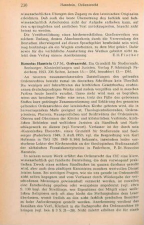 238-240 [Rezension] Hanstein, Honorius, Ordensrecht