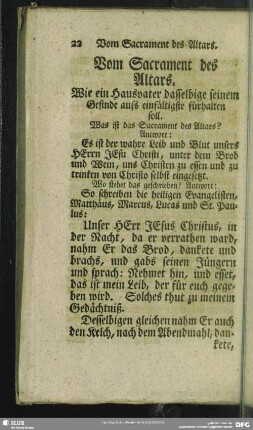 Vom Sacrament des Altars : Wie ein Hausvater dasselbige seinem Gesinde aufs einfältigste fürhalten soll