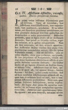 Cap. IV. Affectuum distinctio, recensio, qualitas. Diversae philosophorum sententiae