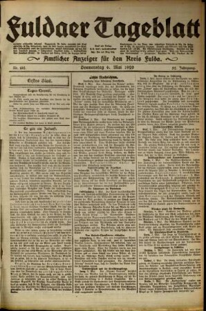 Erste Ausgabe vom Donnerstag, den 06. Mai 1920.