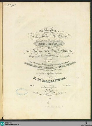 Drei Gesänge für eine Sopran- oder Tenor-Stimme : mit Begleitung des Pianoforte und Violoncelle; op. 91