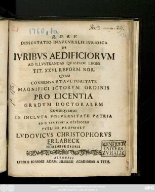 Dissertatio Inavgvralis Ivridica De Ivribvs Aedificivrvm : Ad Illvstrandas Qvasdam Leges Tit. XXVI. Reform. Nor.