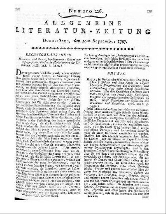 [Sammelrezension zweier englischsprachiger Rezensionszeitschriften] Rezensiert werden: 1. The monthly review. July 1787. London 1787 2. The Critical review. July 1787. London 1787