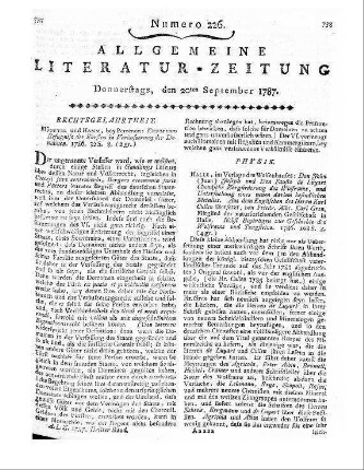 [Sammelrezension zweier englischsprachiger Rezensionszeitschriften] Rezensiert werden: 1. The monthly review. July 1787. London 1787 2. The Critical review. July 1787. London 1787