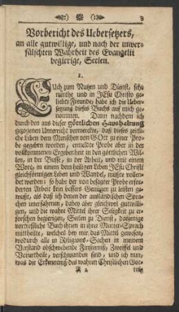 Vorbericht des Uebersetzers, an alle gutwillige, und nach der unverfälschten Wahrheit des Evangelii begierige, Seelen
