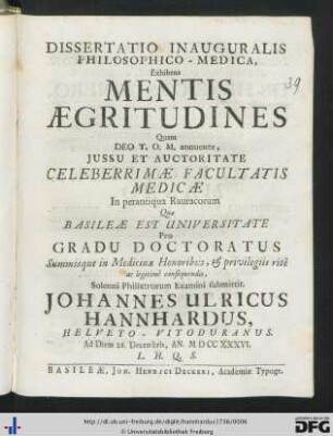 Dissertatio Inauguralis Philosophico-Medica, Exhibens Mentis Aegritudines