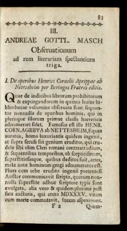 III. Andreae Gottl. Masch Observationum ad rem literariam spectantium triga