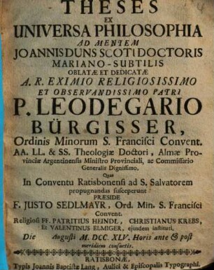 Theses ex universa philosophia ad mentem Joannis Duns Scoti, Doctoris Mariano-subtilis