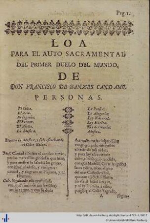 Loa para el Auto Sacramental del primer Duelo del Mundo.