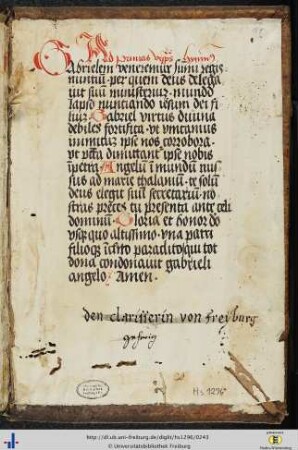 Besitzvermerk des Klarissenklosters Freiburg i. Br. (18. Jh.)