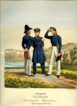 Uniformdarstellung, Bataillonsauditeur, Regimentsquartiermeister und Regimentsarzt, Königreich Bayern, 1835. Tafel 381 im Buch: Eckert/Monten: Das deutsche Bundesheer in charakteristischen Gruppen.