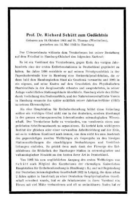 Prof. Dr. Richard Schütt zum Gedächtnis