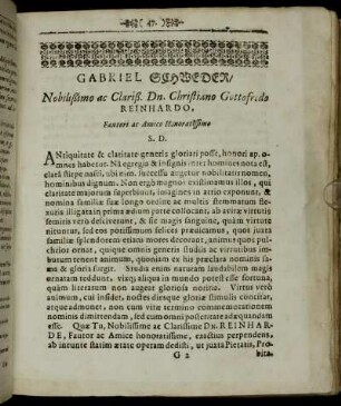Gabriel Schweder, Nobilißimo ac Clariß. Dn. Christiano Gottofredo Reinhardo.