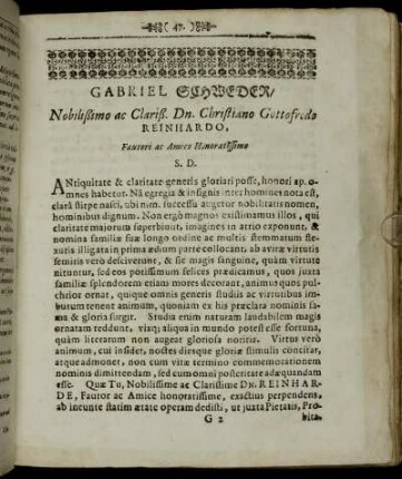 Gabriel Schweder, Nobilißimo ac Clariß. Dn. Christiano Gottofredo Reinhardo.