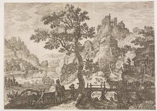 Flusstal mit Burgruine und großem Baum